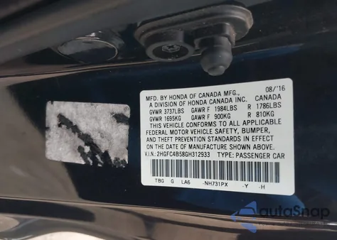 2016 Honda Civic Lx z USA, uszkodzony, nr VIN 2HGFC4B58GH312933